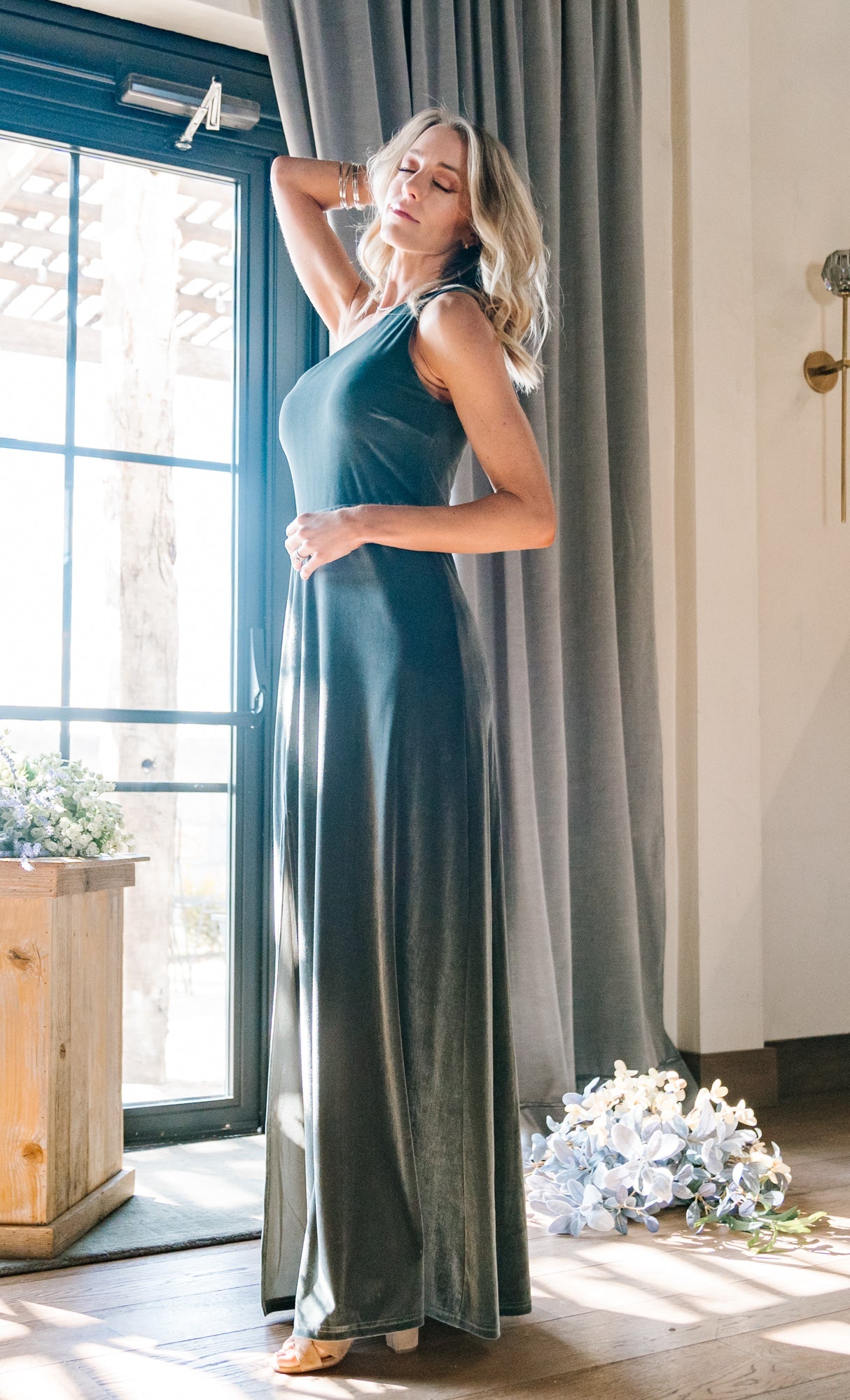 Tatiana Velvet One Shoulder Maxi Dress | Eucalyptus - Baltic Born