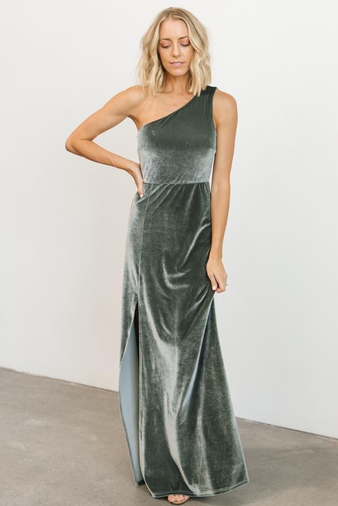 Tatiana Velvet One Shoulder Maxi Dress | Eucalyptus - Baltic Born