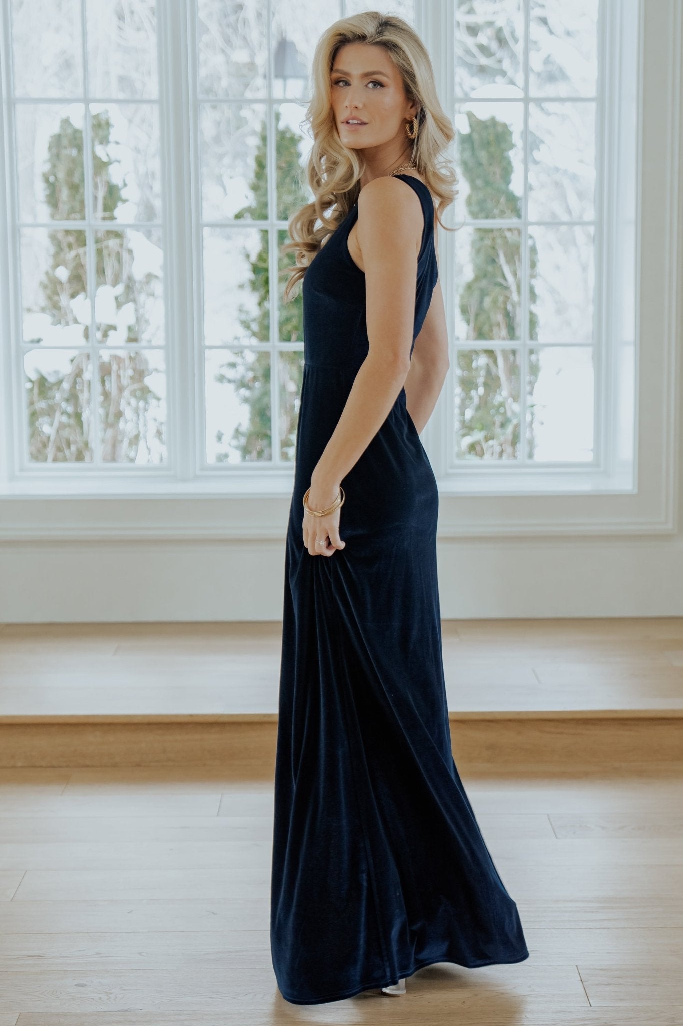 Baltic Born Womens Tatiana Velvet One Shoulder Maxi Dress | Navy