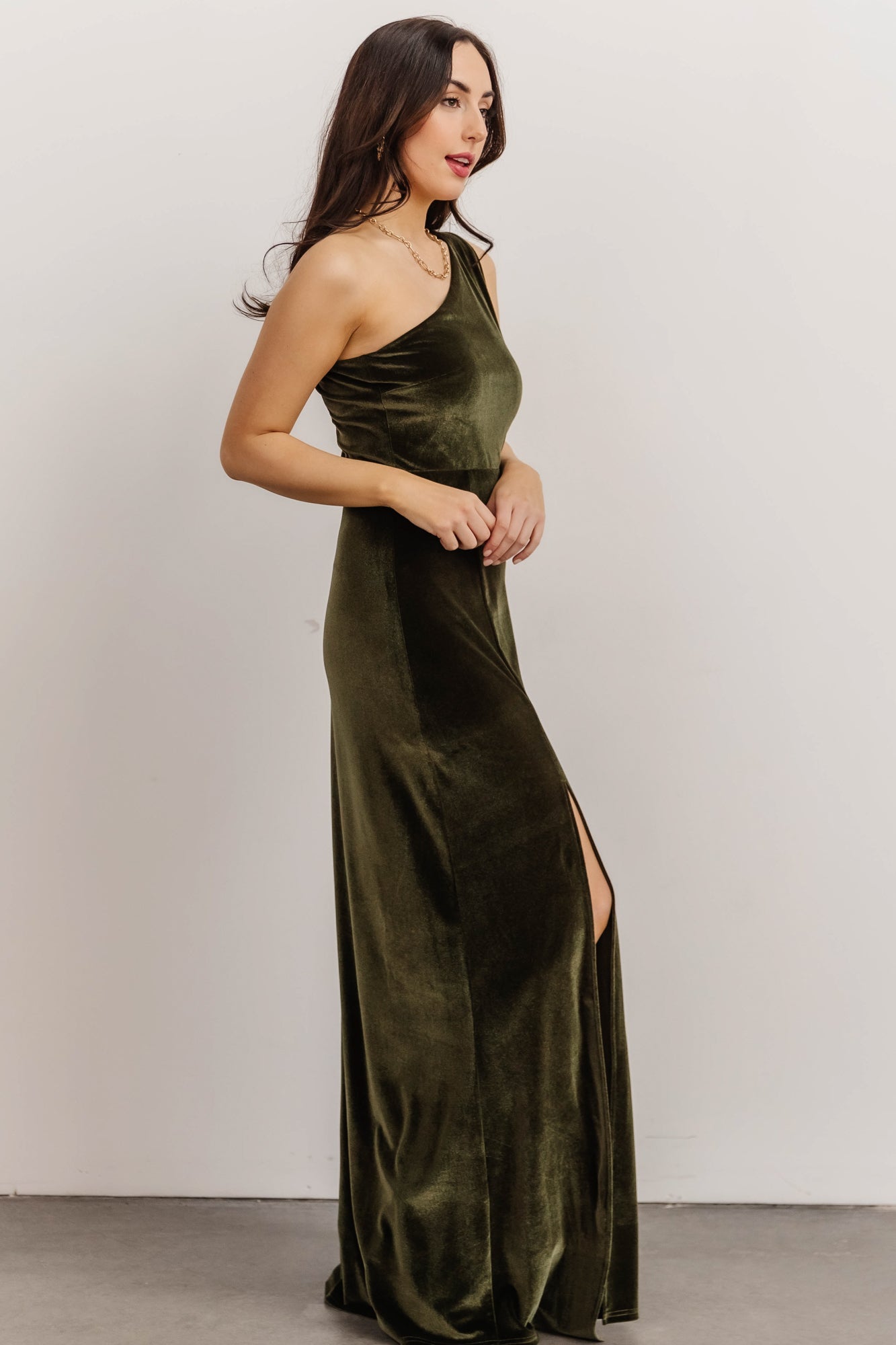 Tatiana Velvet One Shoulder Maxi Dress | Olive - Baltic Born