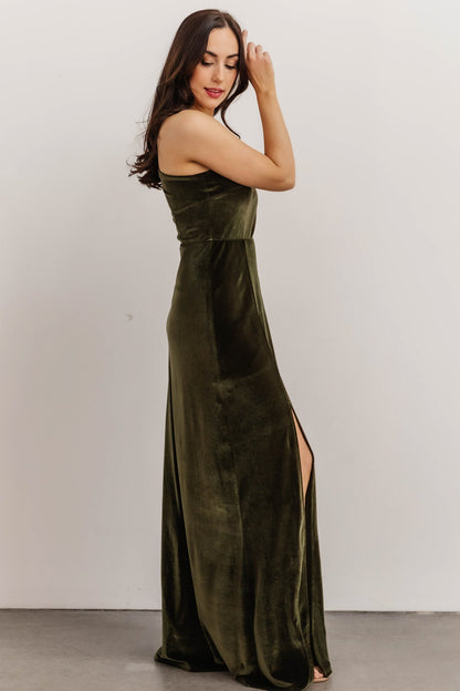 Tatiana Velvet One Shoulder Maxi Dress | Olive - Baltic Born