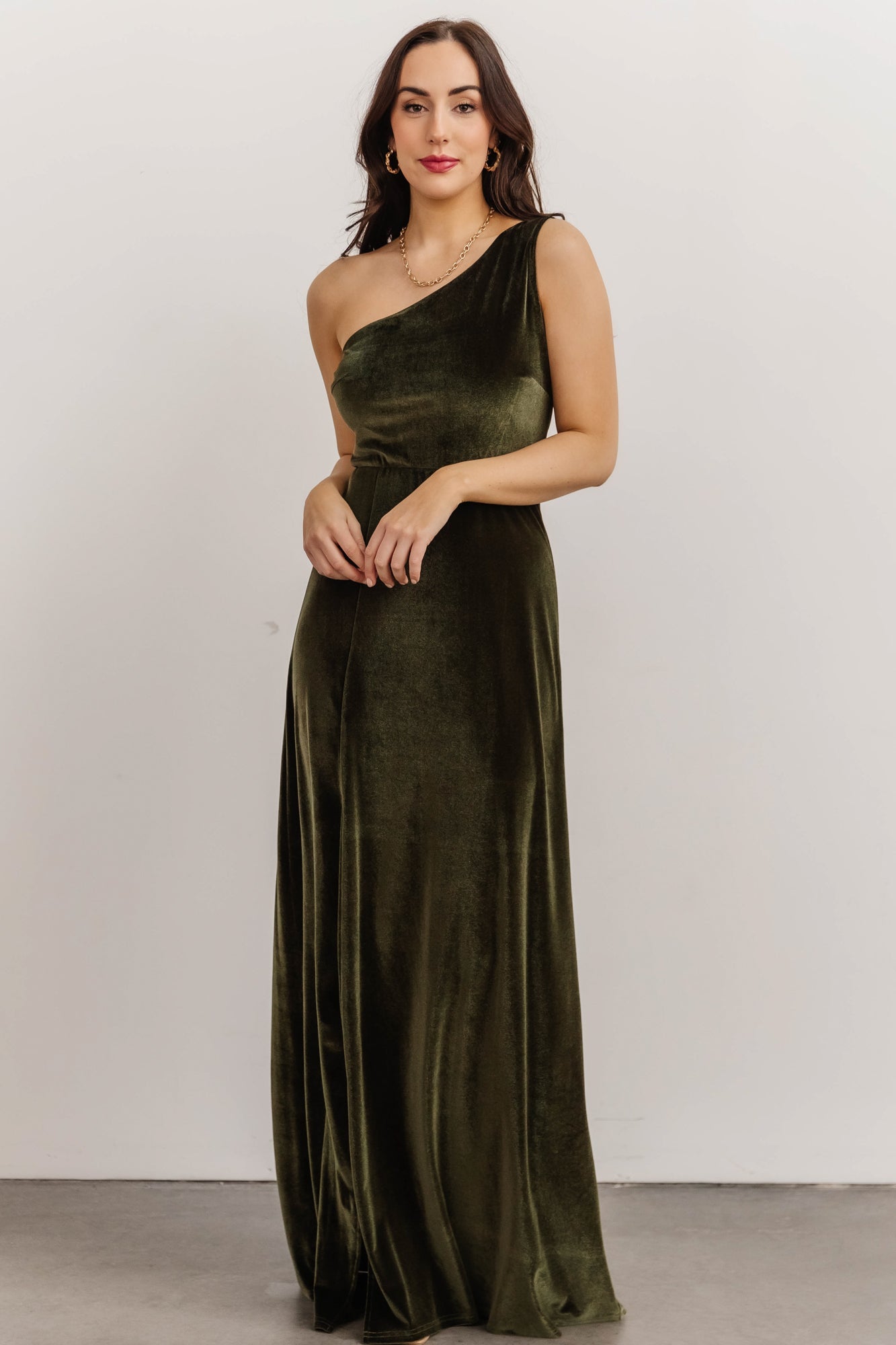 Tatiana Velvet One Shoulder Maxi Dress | Olive - Baltic Born