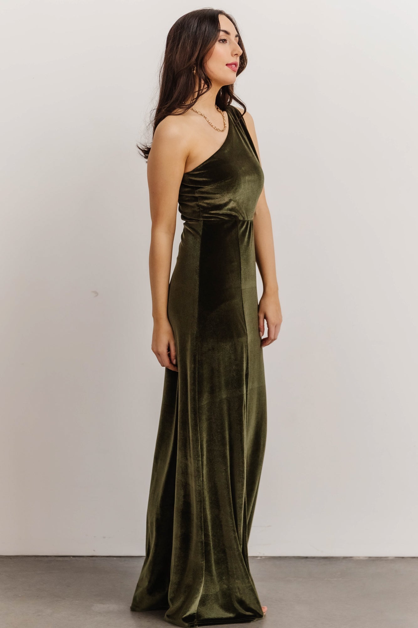 Tatiana Velvet One Shoulder Maxi Dress | Olive - Baltic Born