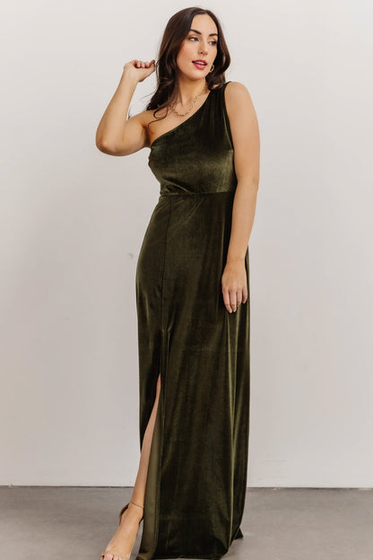 Tatiana Velvet One Shoulder Maxi Dress | Olive - Baltic Born