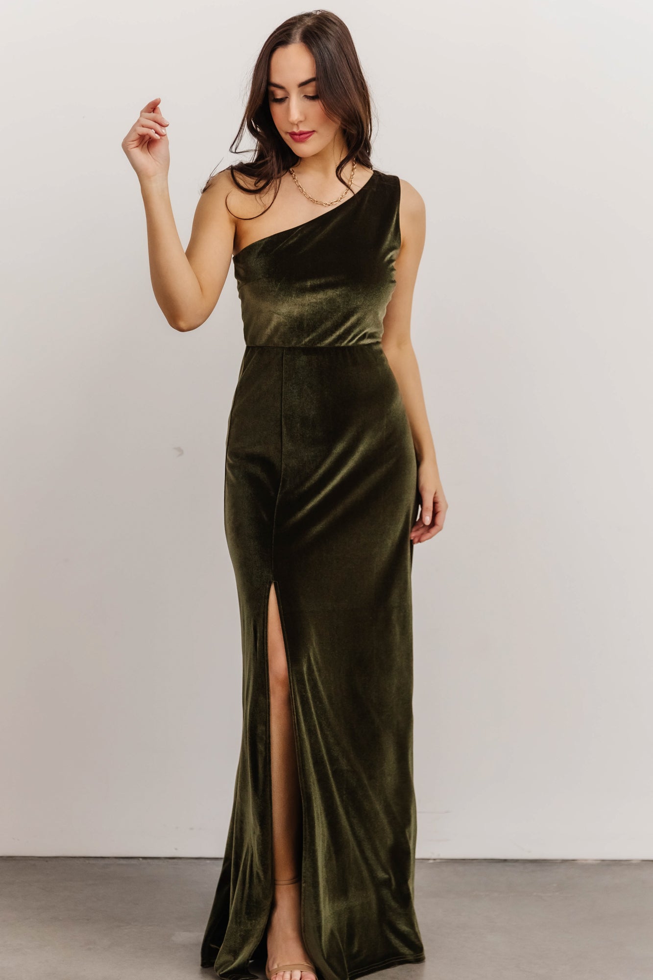 Tatiana Velvet One Shoulder Maxi Dress | Olive - Baltic Born