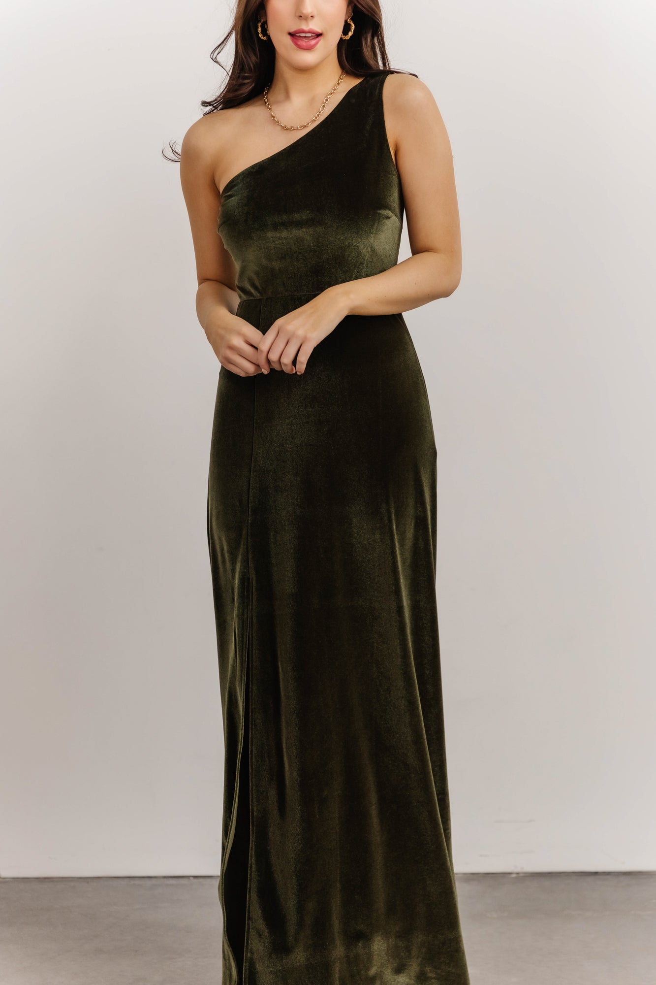 Tatiana Velvet One Shoulder Maxi Dress | Olive - Baltic Born