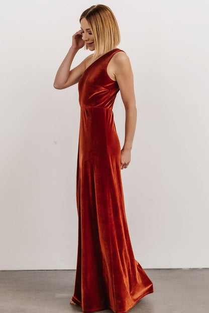 Tatiana Velvet One Shoulder Maxi Dress | Rust - Baltic Born