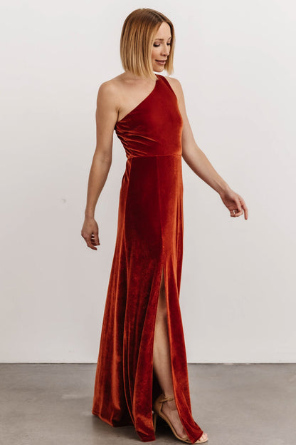 Tatiana Velvet One Shoulder Maxi Dress | Rust - Baltic Born