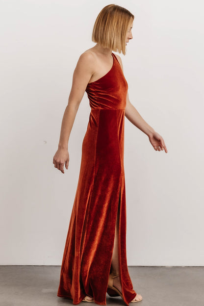 Tatiana Velvet One Shoulder Maxi Dress | Rust - Baltic Born