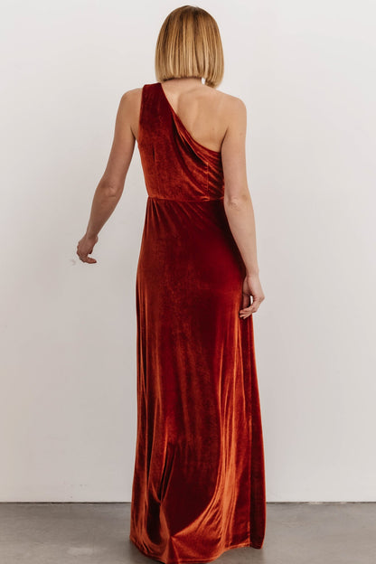 Tatiana Velvet One Shoulder Maxi Dress | Rust - Baltic Born