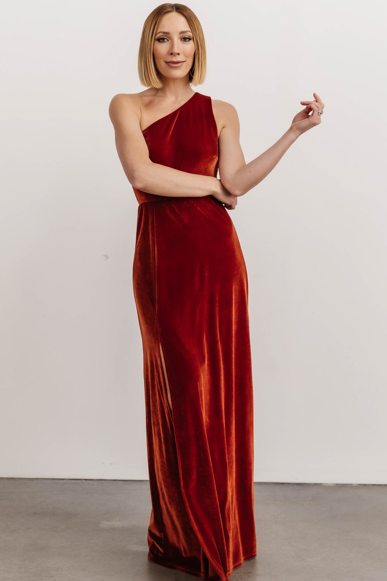 Tatiana Velvet One Shoulder Maxi Dress | Rust - Baltic Born