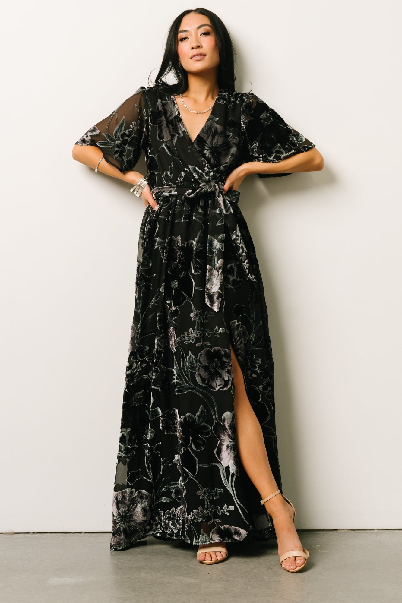 Uma Velvet Maxi Dress | Black + Silver Floral - Baltic Born