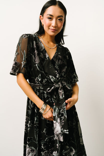 Uma Velvet Maxi Dress | Black + Silver Floral - Baltic Born