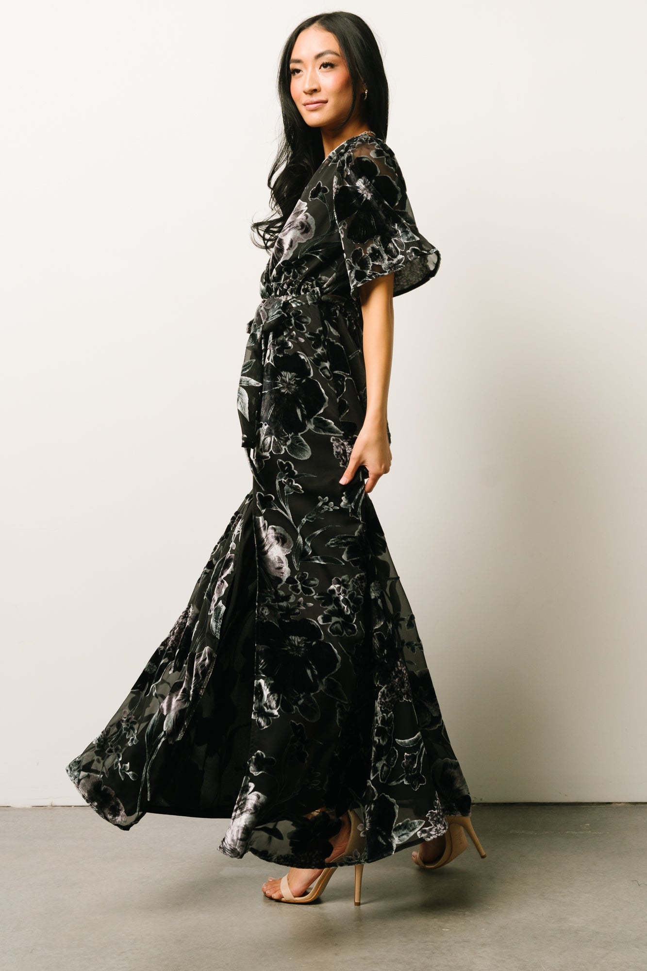 Uma Velvet Maxi Dress | Black + Silver Floral - Baltic Born