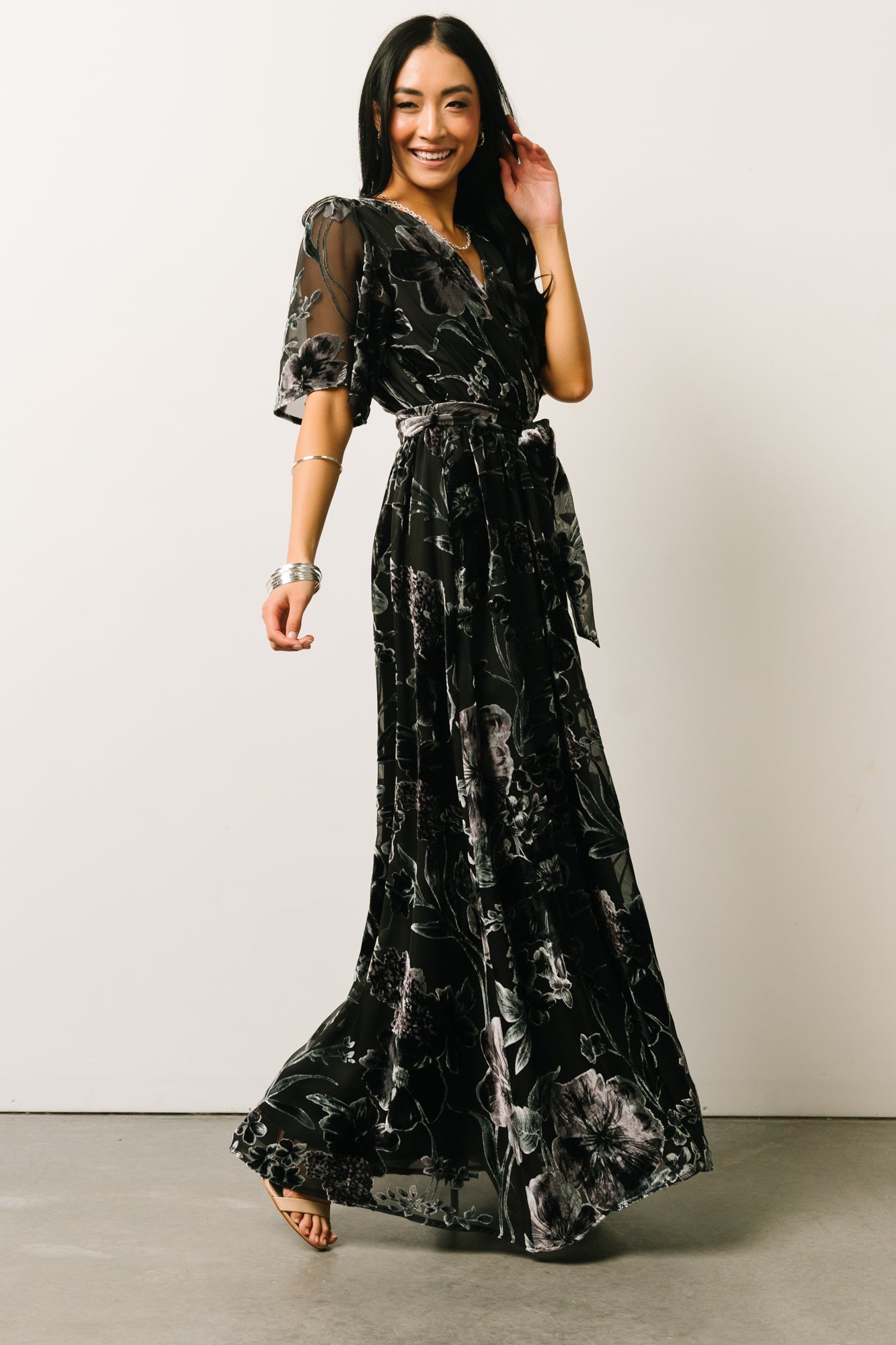 Uma Velvet Maxi Dress | Black + Silver Floral - Baltic Born