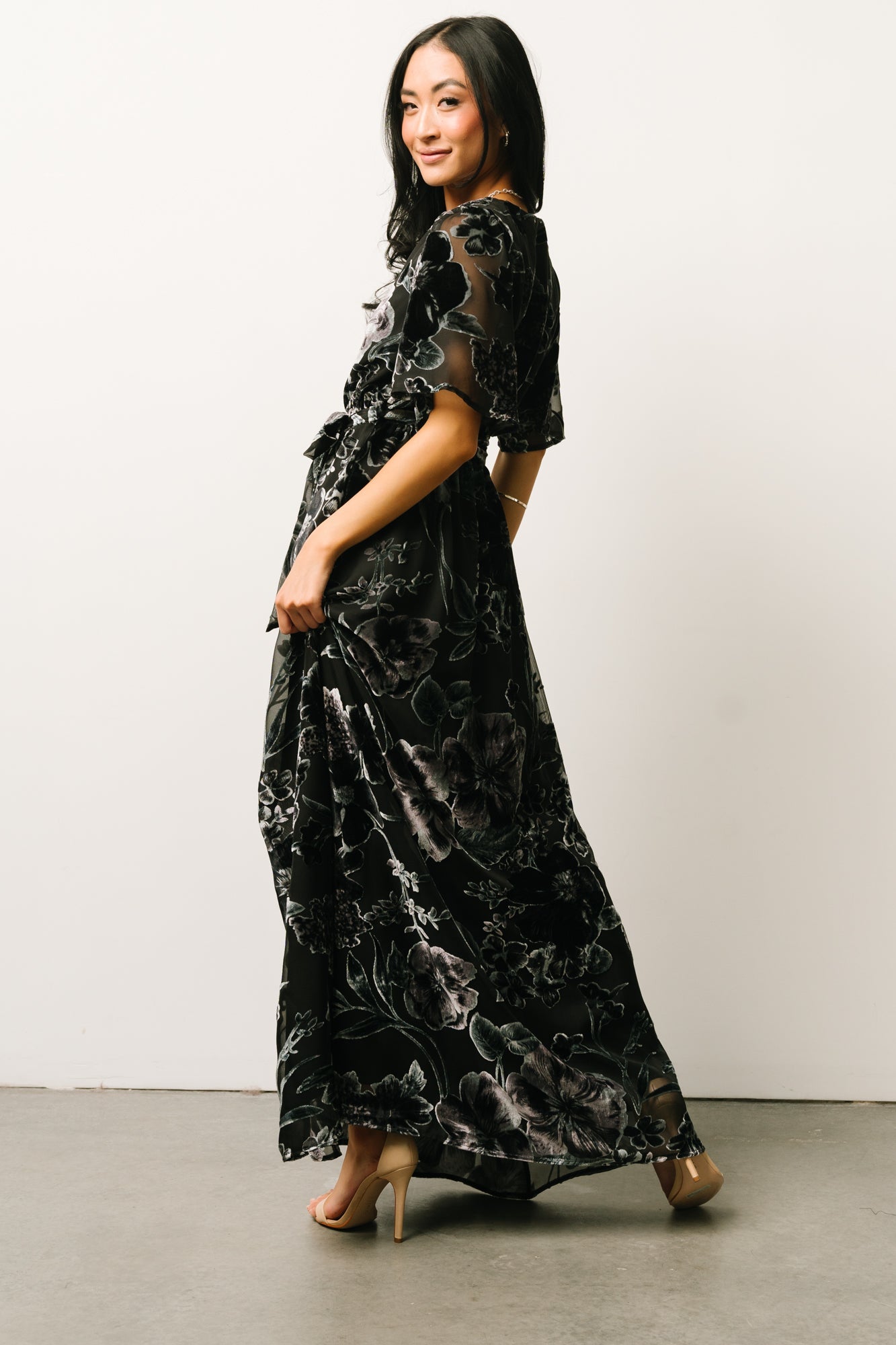 Uma Velvet Maxi Dress | Black + Silver Floral - Baltic Born