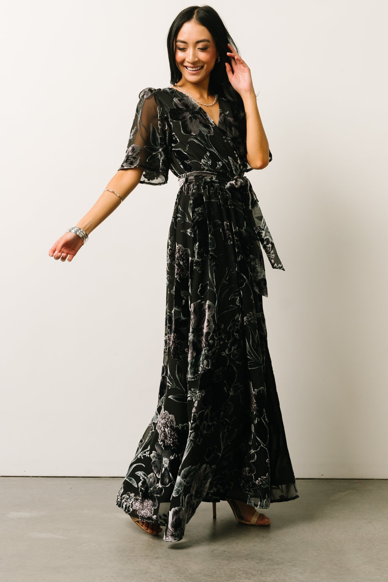 Uma Velvet Maxi Dress | Black + Silver Floral - Baltic Born