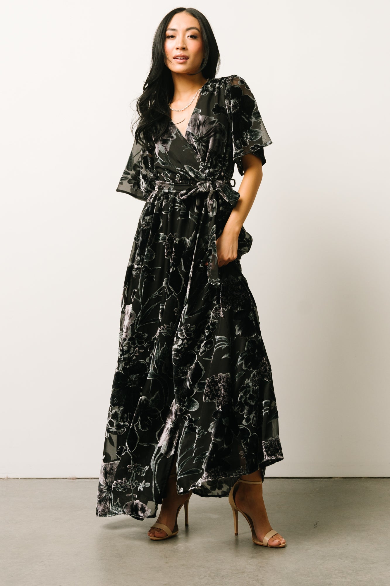 Uma Velvet Maxi Dress | Black + Silver Floral - Baltic Born