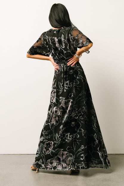 Uma Velvet Maxi Dress | Black + Silver Floral - Baltic Born