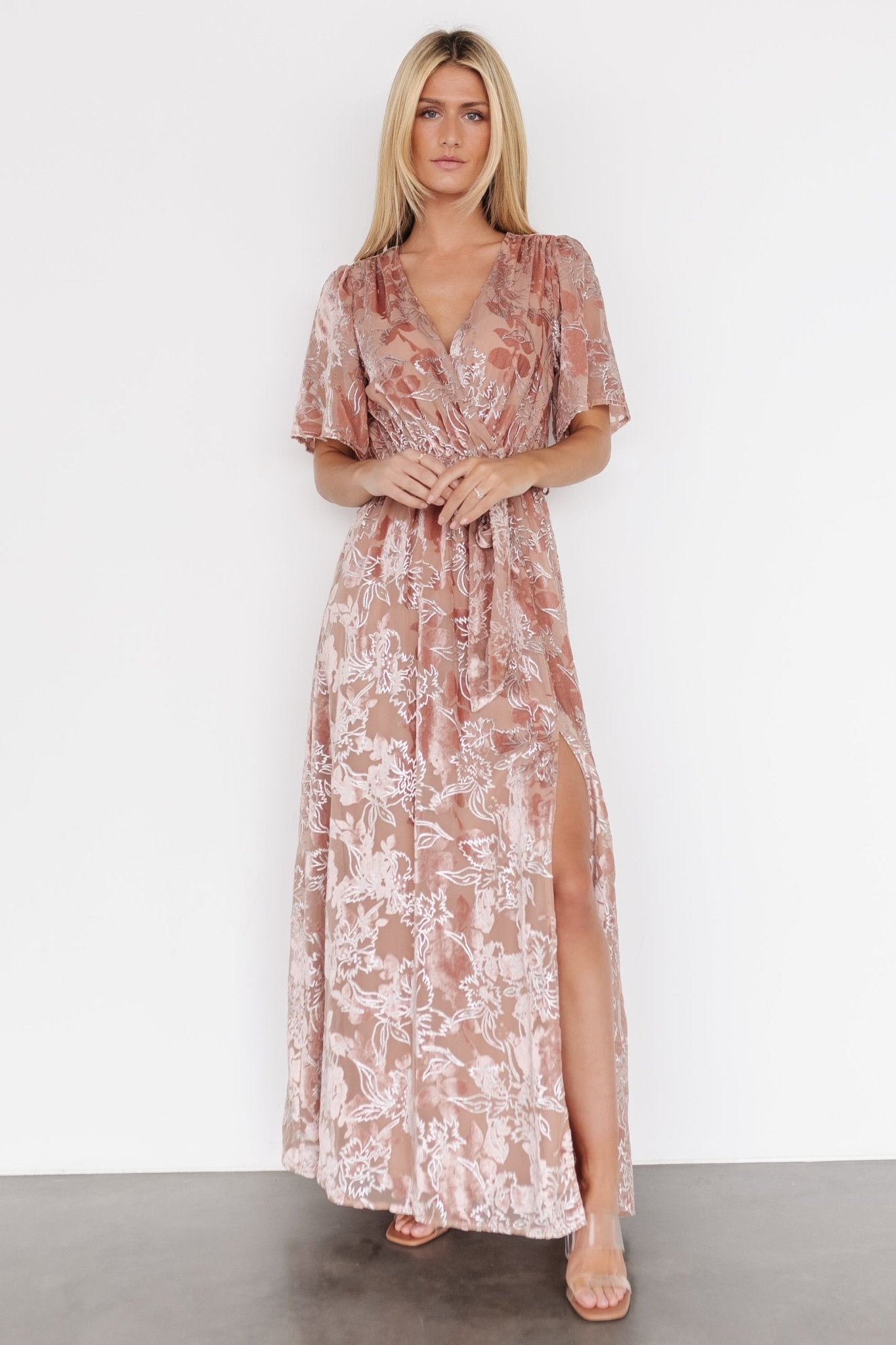 Uma Velvet Maxi Dress | Blush + Silver - Baltic Born