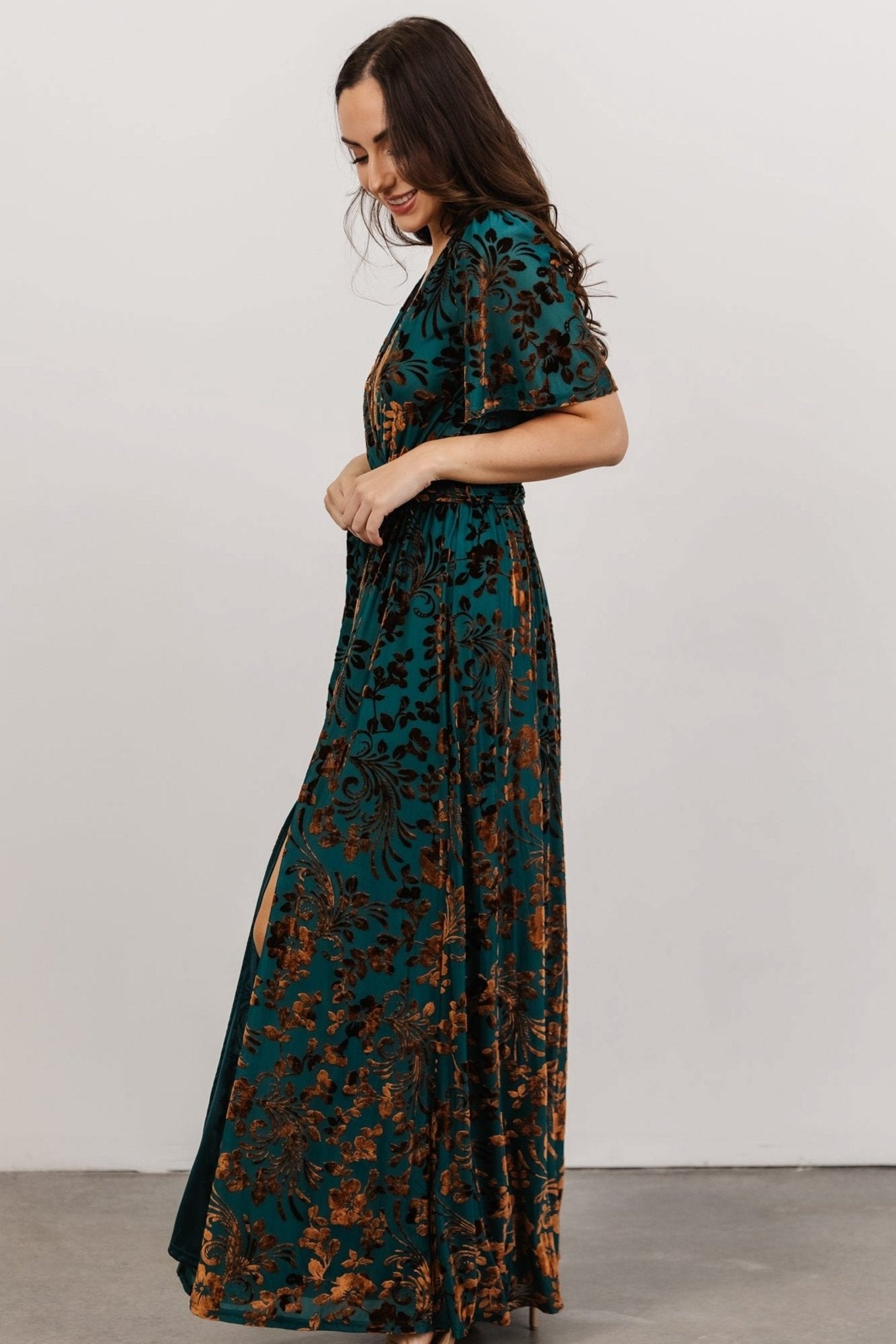 Uma Velvet Maxi Dress | Bronze + Jade - Baltic Born