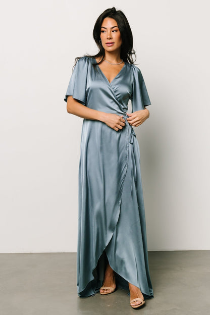 Vara Satin Maxi Wrap Dress | Dusty Blue - Baltic Born