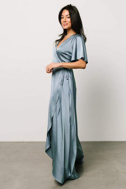 Vara Satin Maxi Wrap Dress | Dusty Blue - Baltic Born