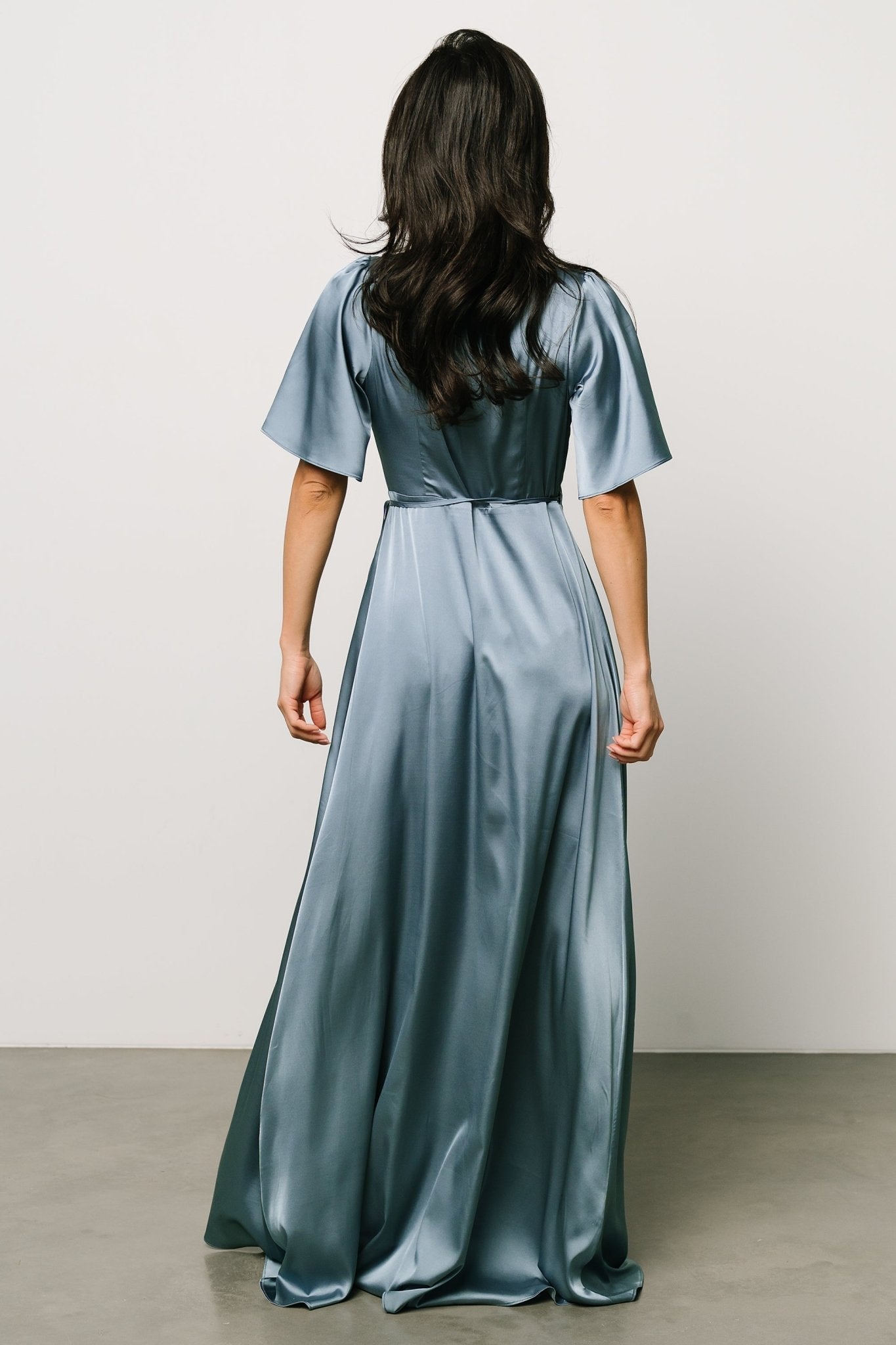 Vara Satin Maxi Wrap Dress | Dusty Blue - Baltic Born