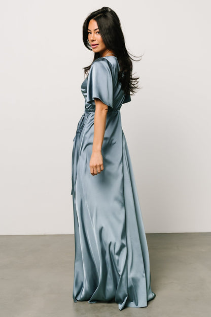 Vara Satin Maxi Wrap Dress | Dusty Blue - Baltic Born