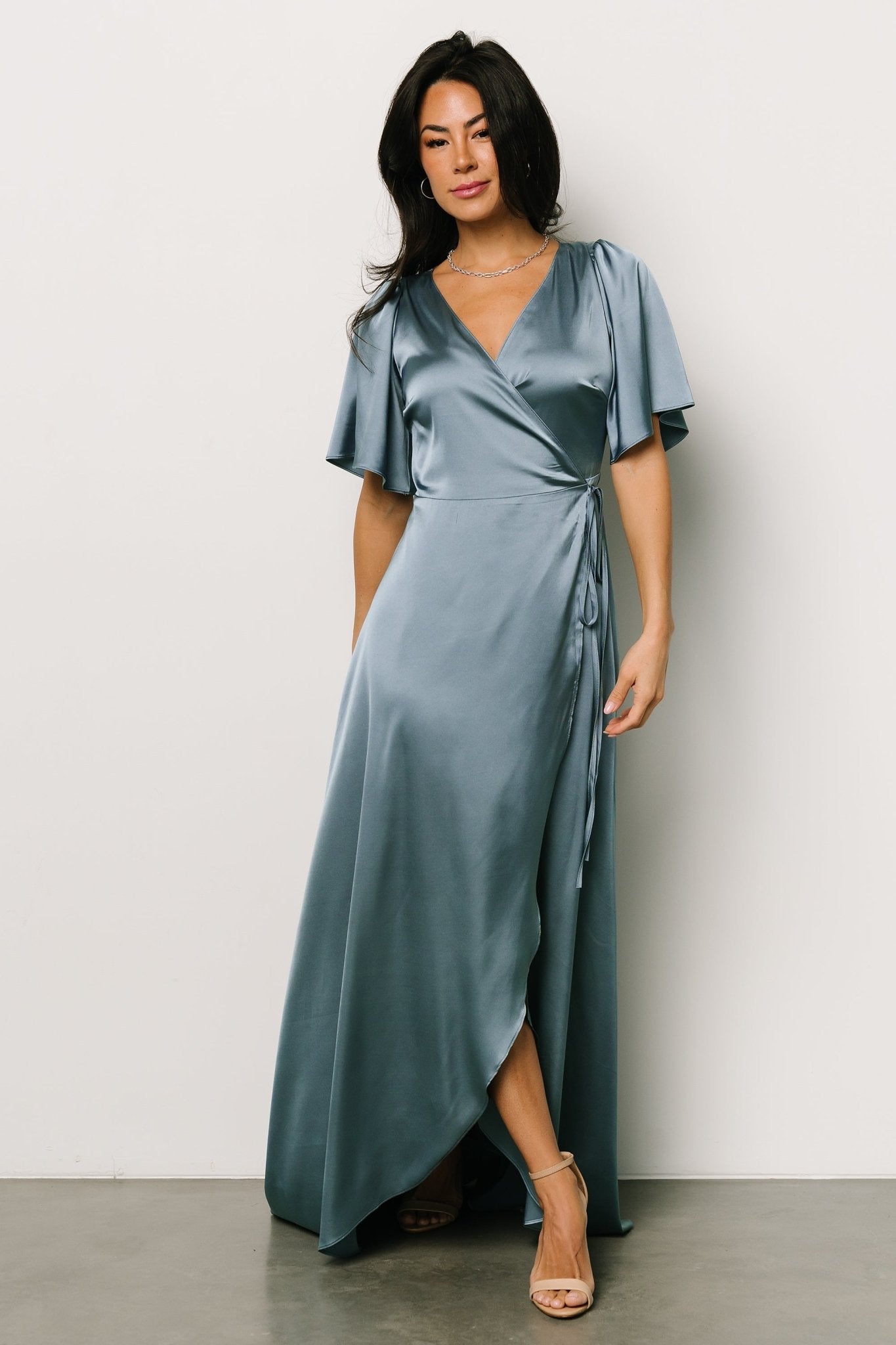 Vara Satin Maxi Wrap Dress | Dusty Blue - Baltic Born