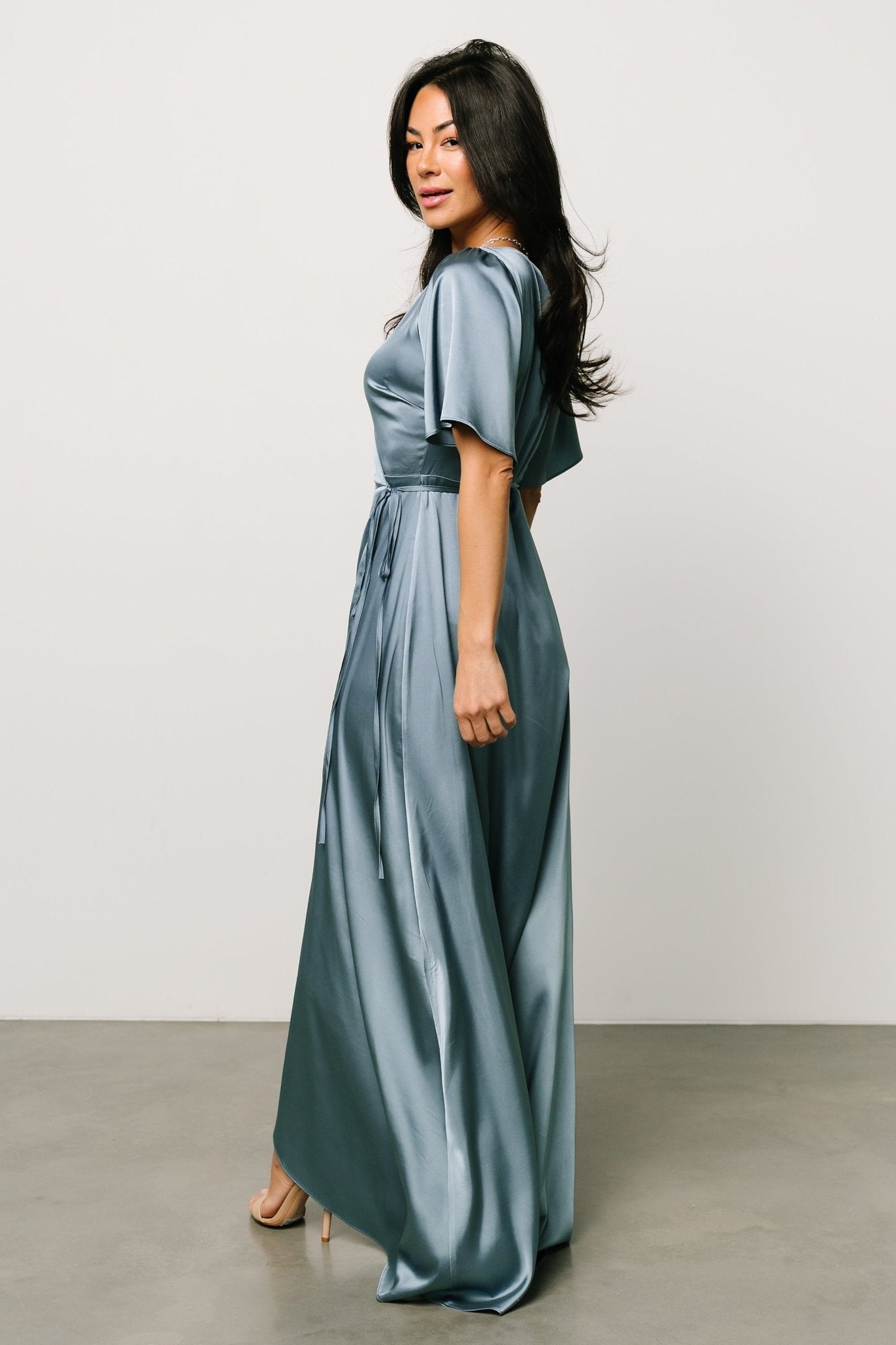 Vara Satin Maxi Wrap Dress | Dusty Blue - Baltic Born