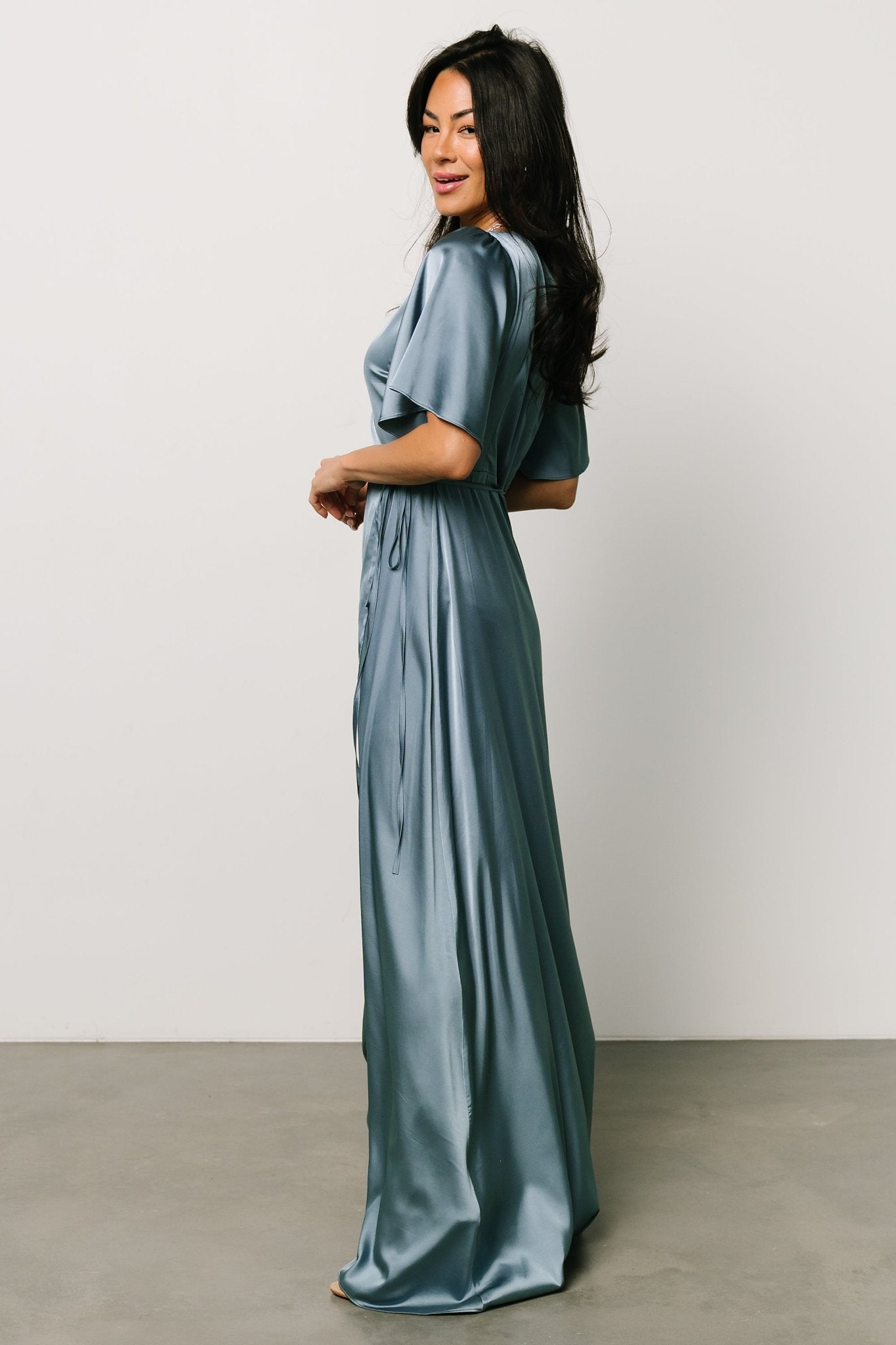 Vara Satin Maxi Wrap Dress | Dusty Blue - Baltic Born