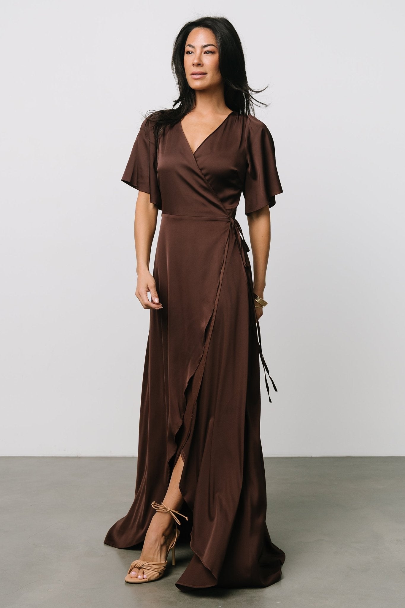 Vara Satin Maxi Wrap Dress | Espresso - Baltic Born