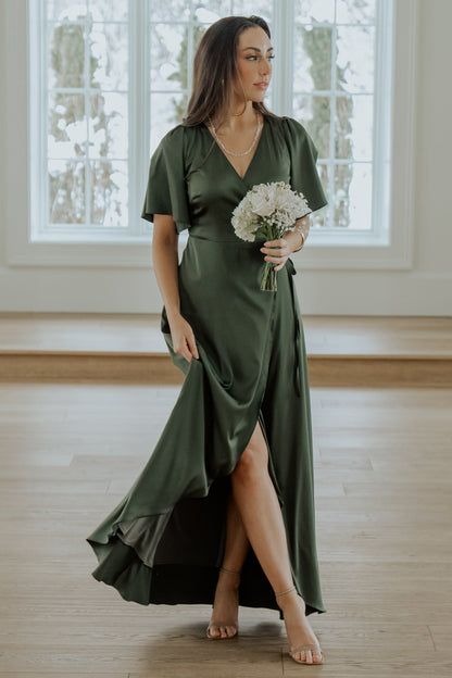 Vara Satin Maxi Wrap Dress | Juniper Green - Baltic Born