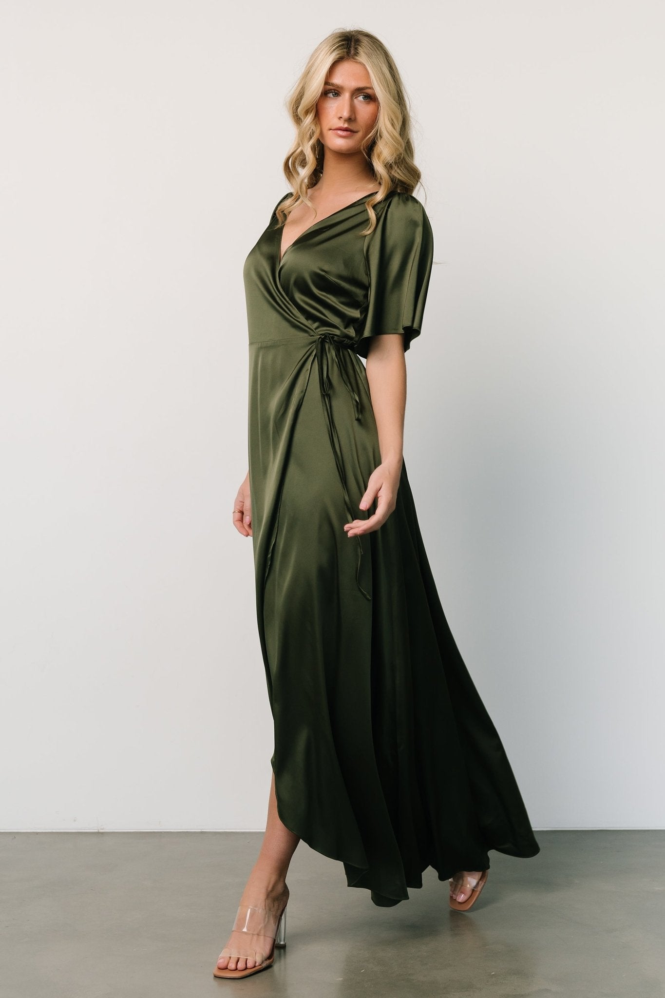 Vara Satin Maxi Wrap Dress | Juniper Green - Baltic Born