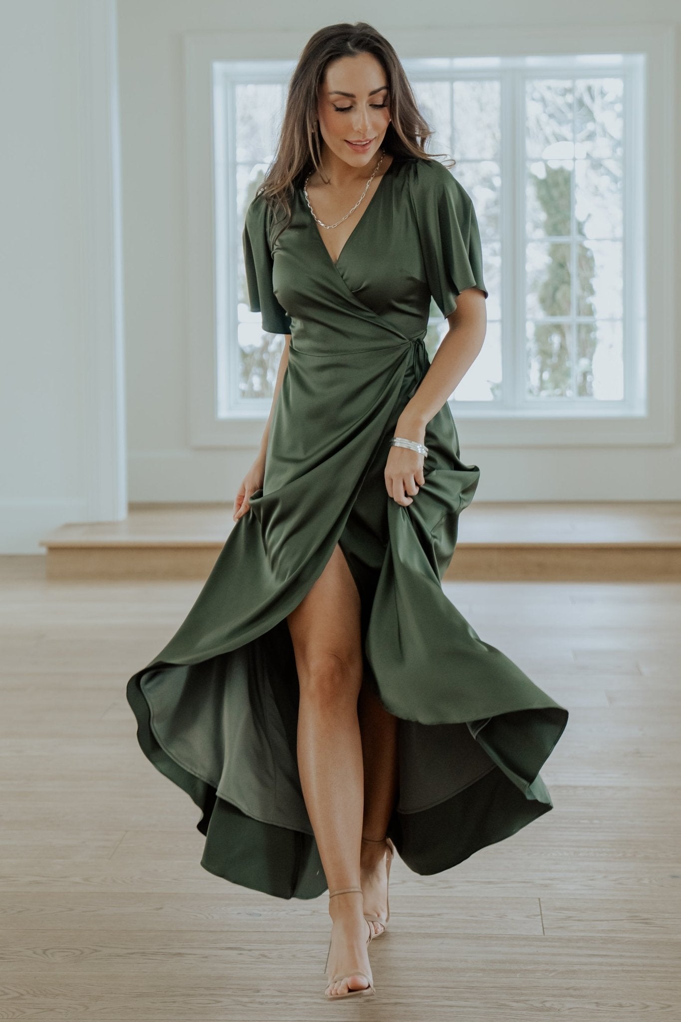 Satin Midi Wrap Dress Green Olive Green Poly Satin Kimono Wrap