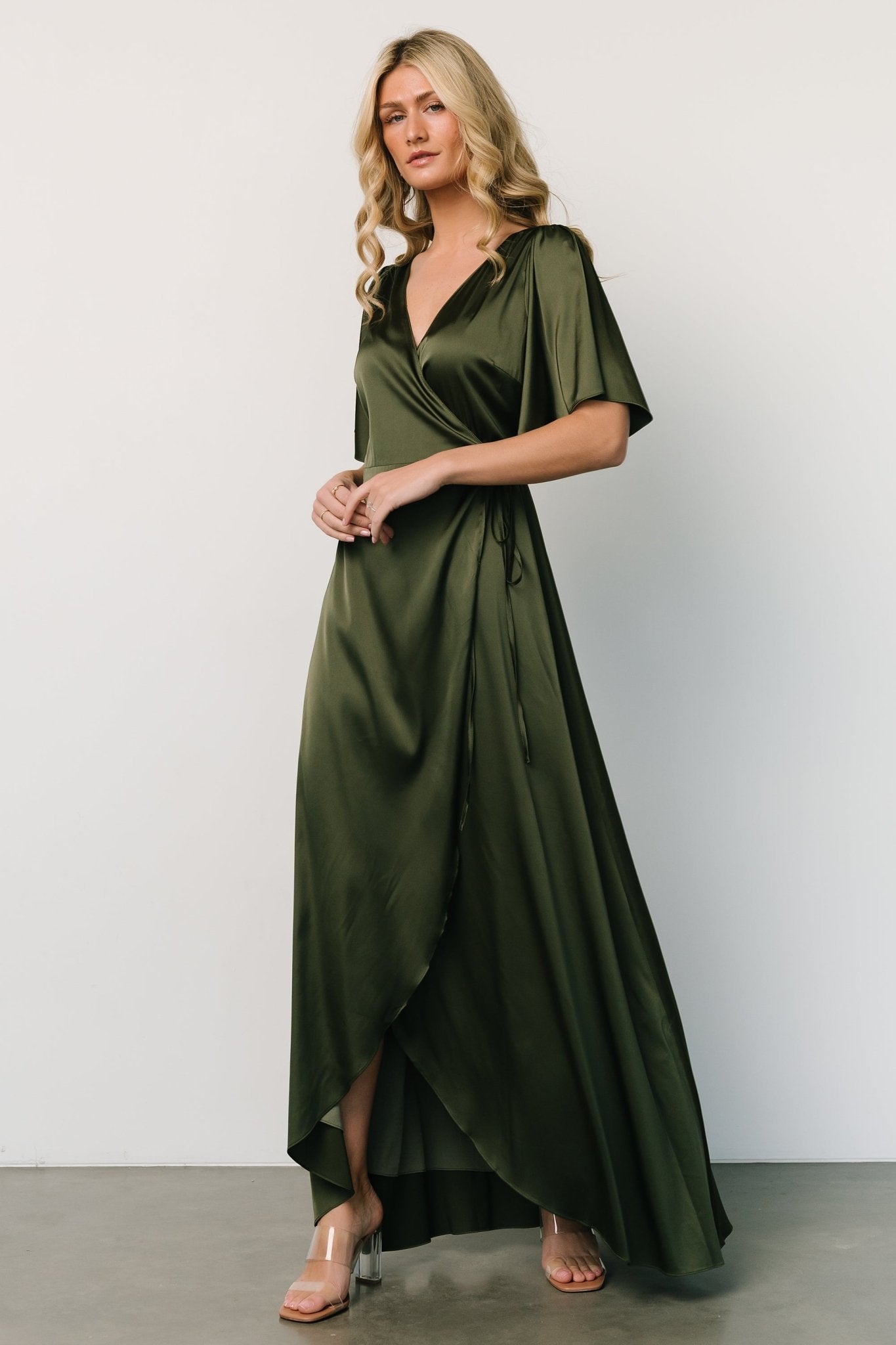 Vara Satin Maxi Wrap Dress | Juniper Green - Baltic Born