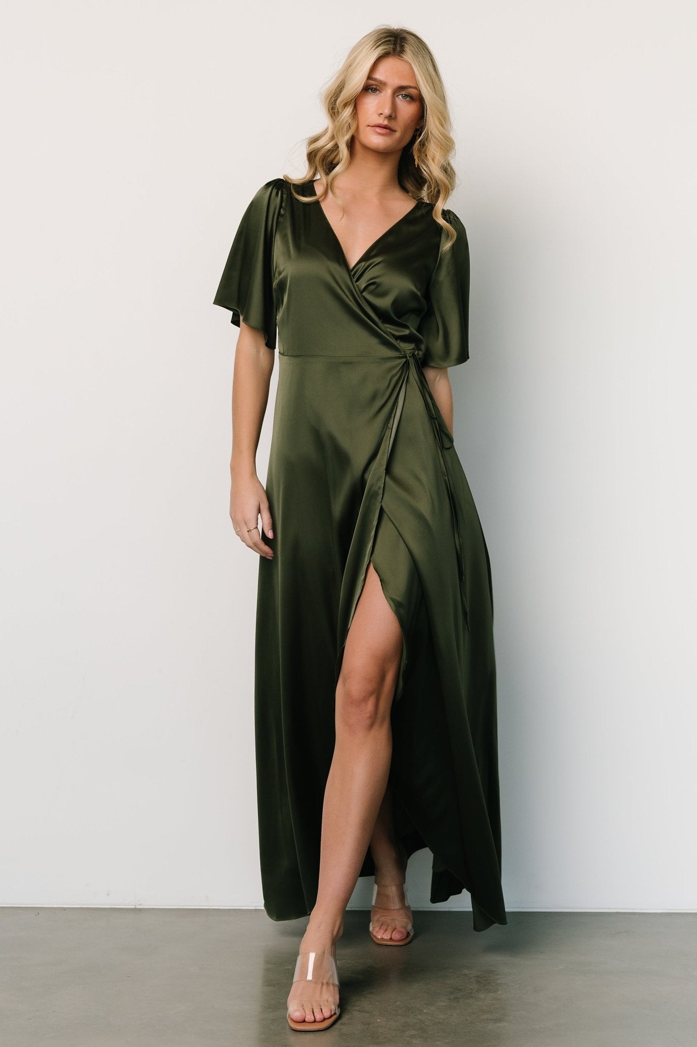 Vara Satin Maxi Wrap Dress Juniper Green