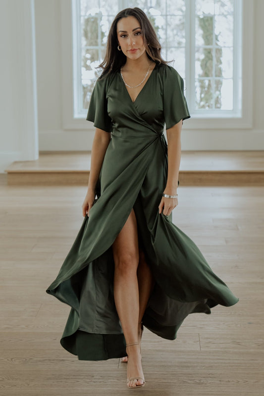 Vara Satin Maxi Wrap Dress | Juniper Green - Baltic Born