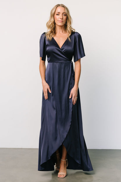 Vara Satin Maxi Wrap Dress | Navy - Baltic Born