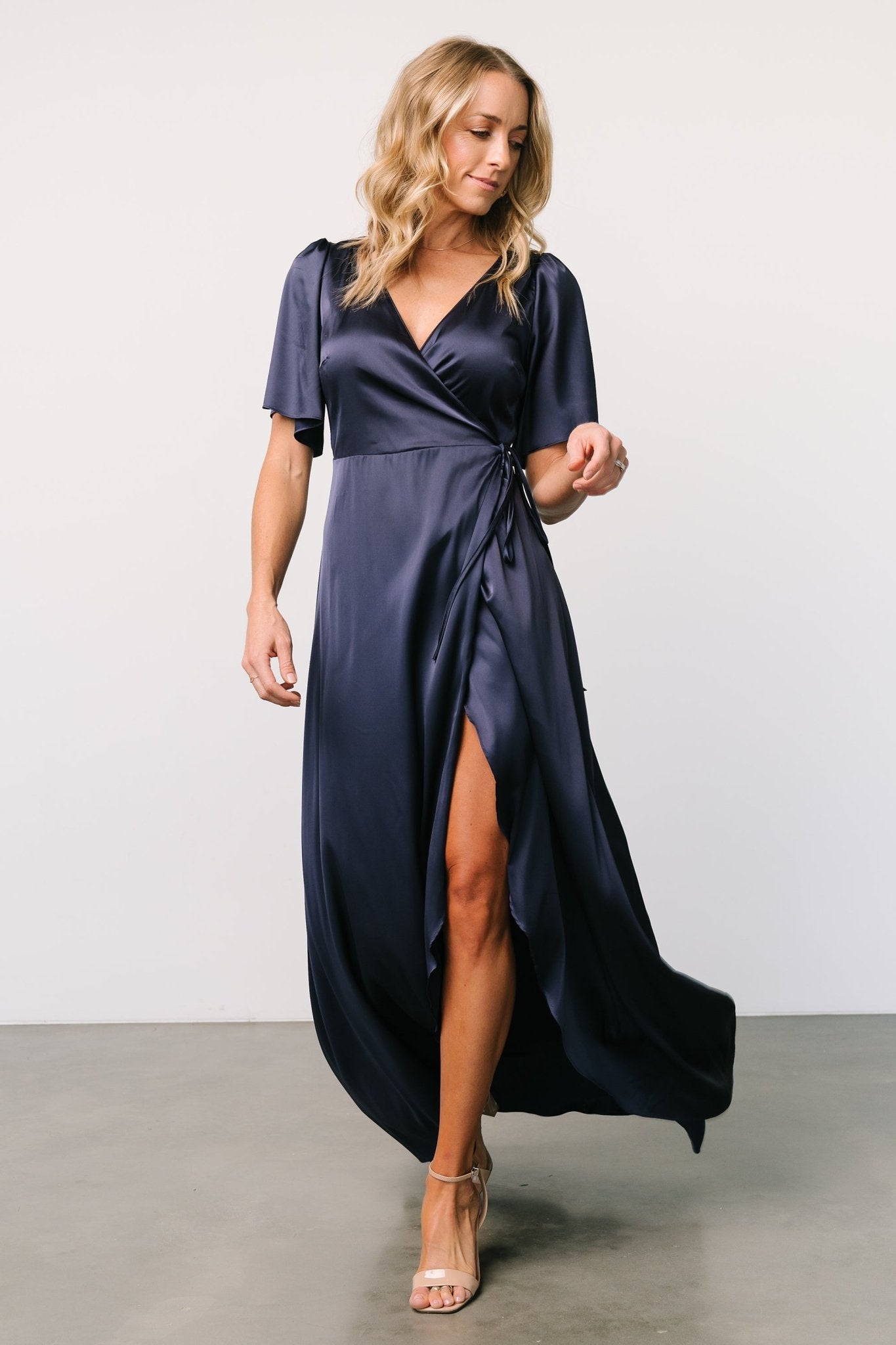 Navy blue satin long dress best sale