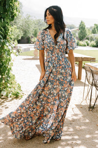 The Verona Floral-Appliqué Mock-Neck Maxi Dress
