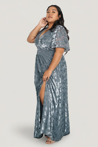V-neck Floor-length Sheath Velvet Dress With Slit Slate Blue Plus Size main image 1