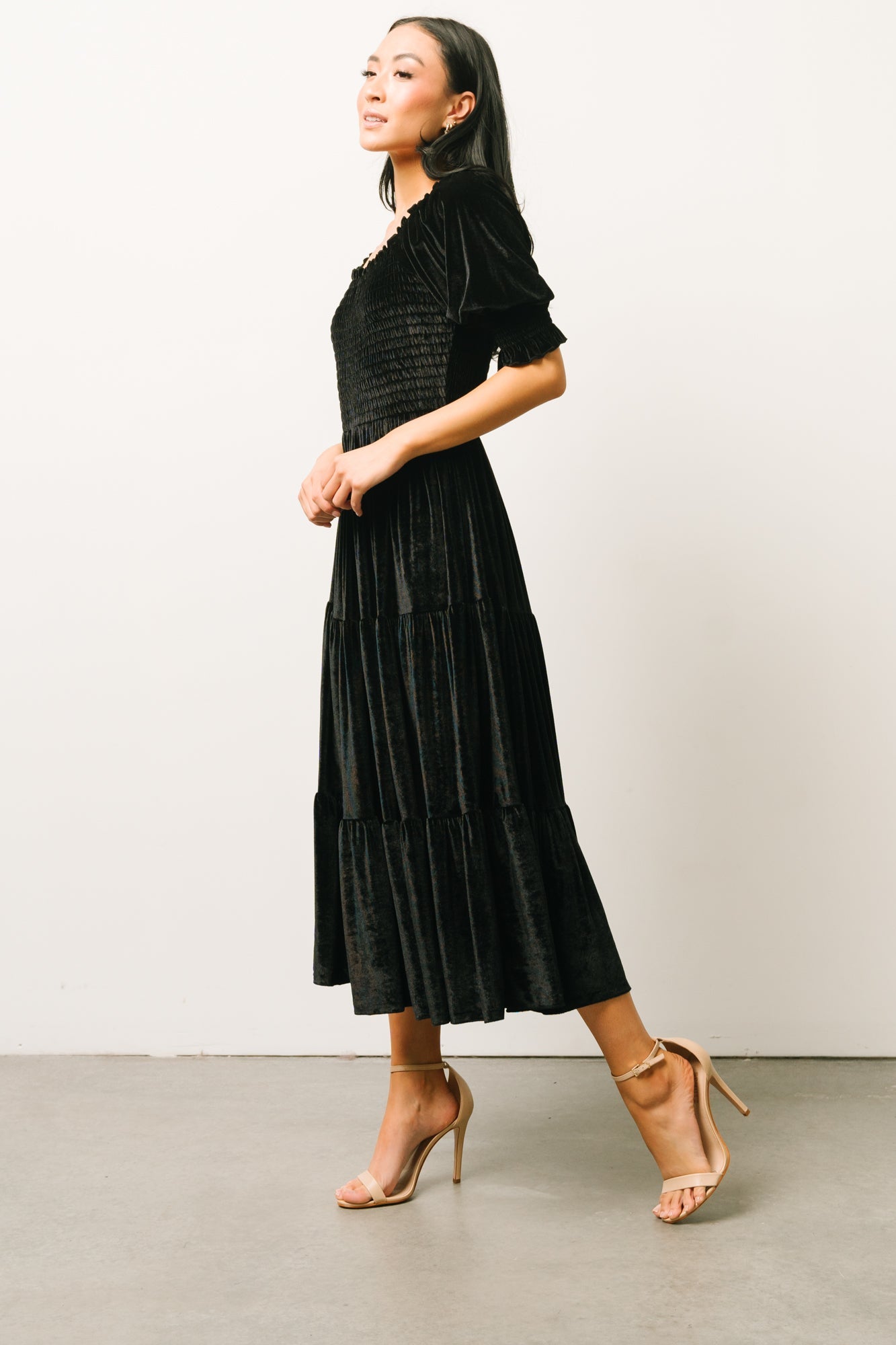 Vivaldi Smocked Velvet Midi Dress | Black - Baltic Born