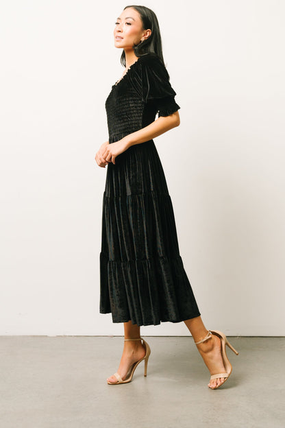 Vivaldi Smocked Velvet Midi Dress | Black - Baltic Born