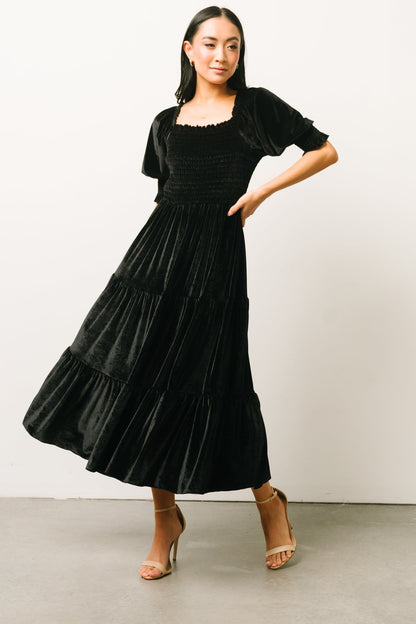 Vivaldi Smocked Velvet Midi Dress | Black - Baltic Born