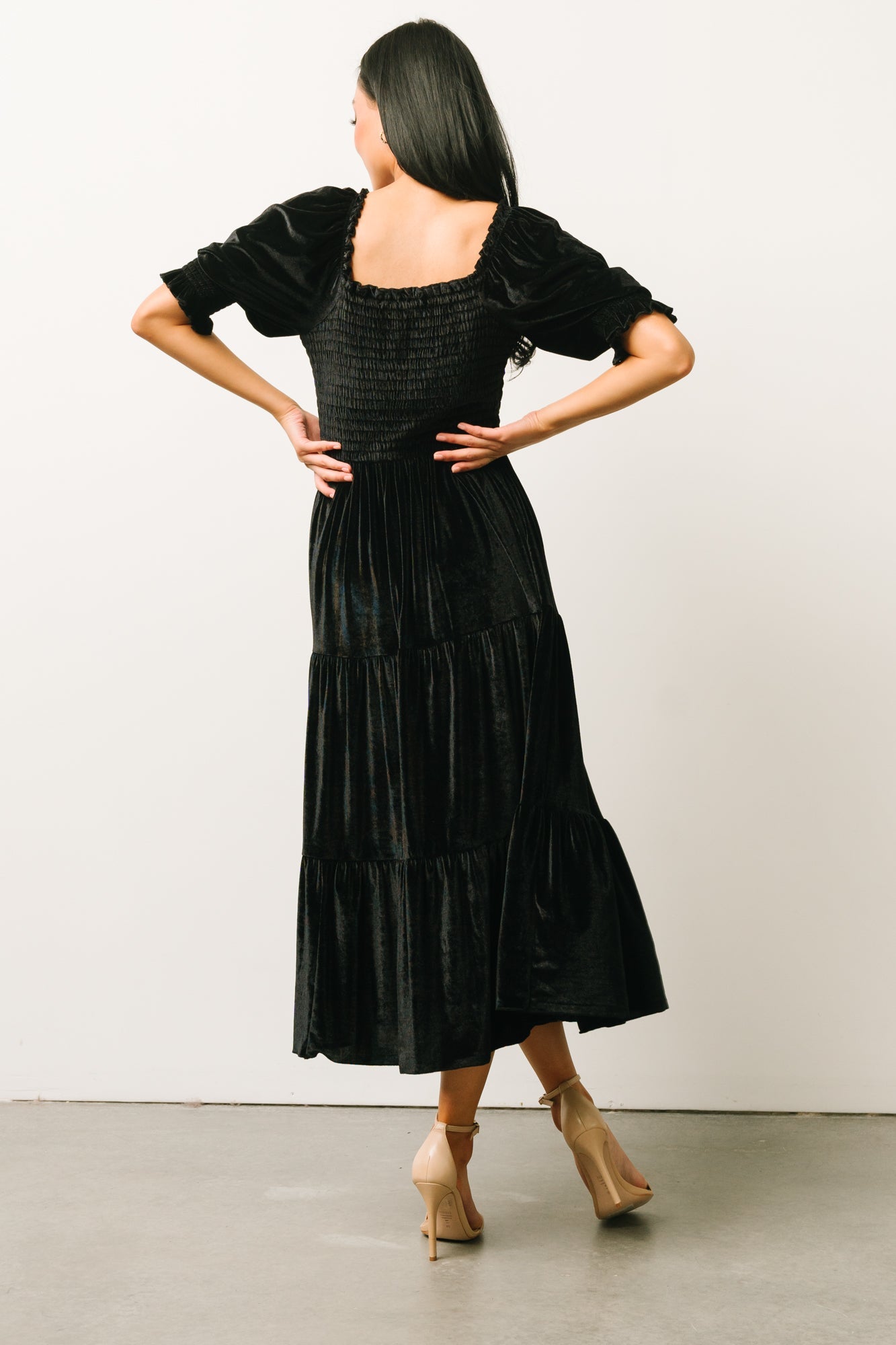 Vivaldi Smocked Velvet Midi Dress | Black - Baltic Born