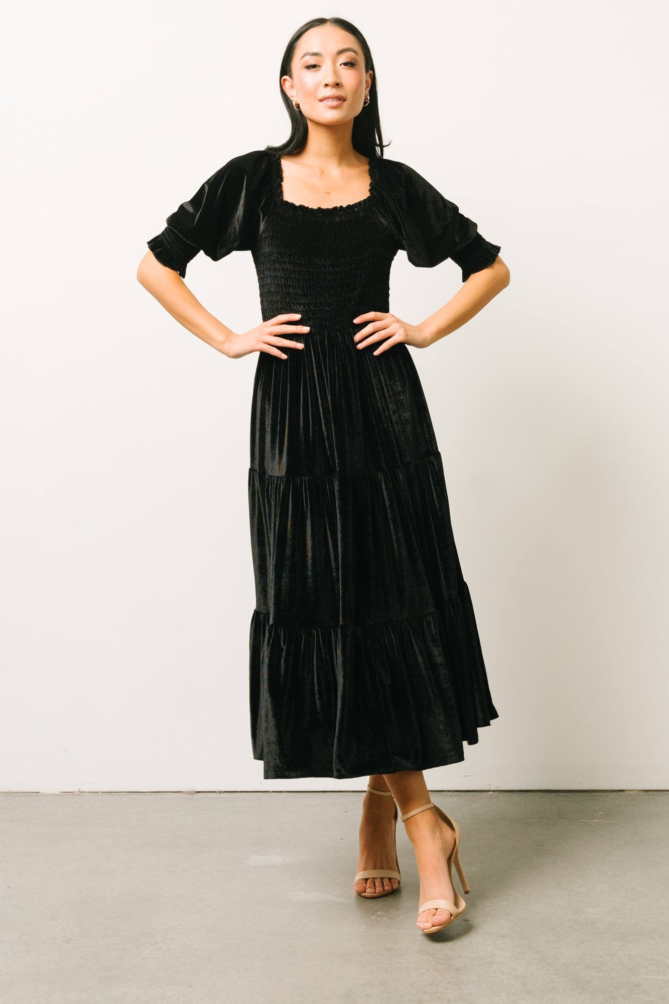 Vivaldi Smocked Velvet Midi Dress | Black - Baltic Born