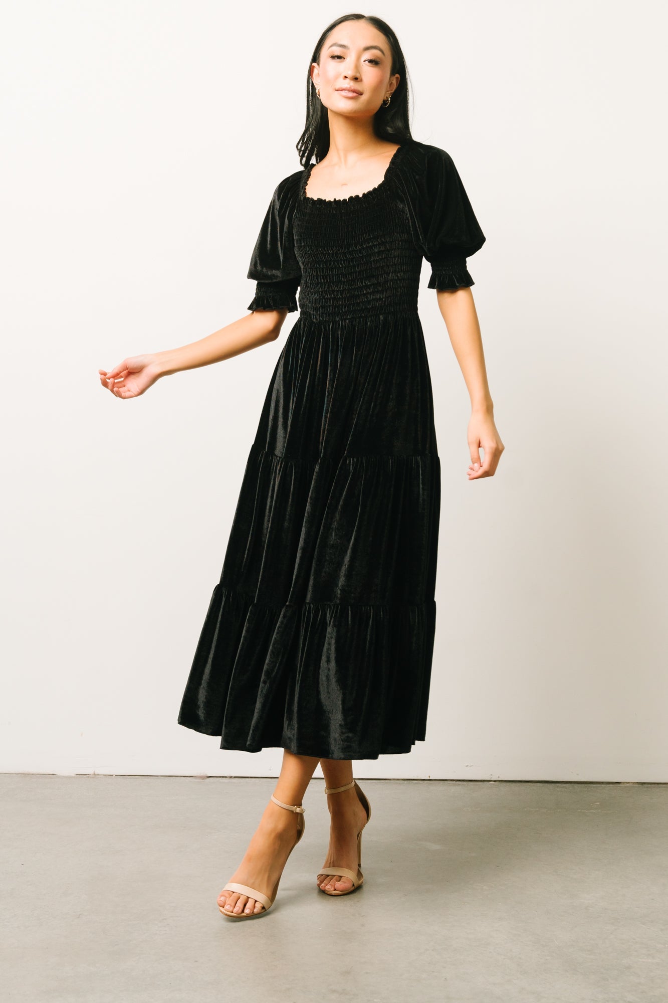 Vivaldi Smocked Velvet Midi Dress | Black - Baltic Born