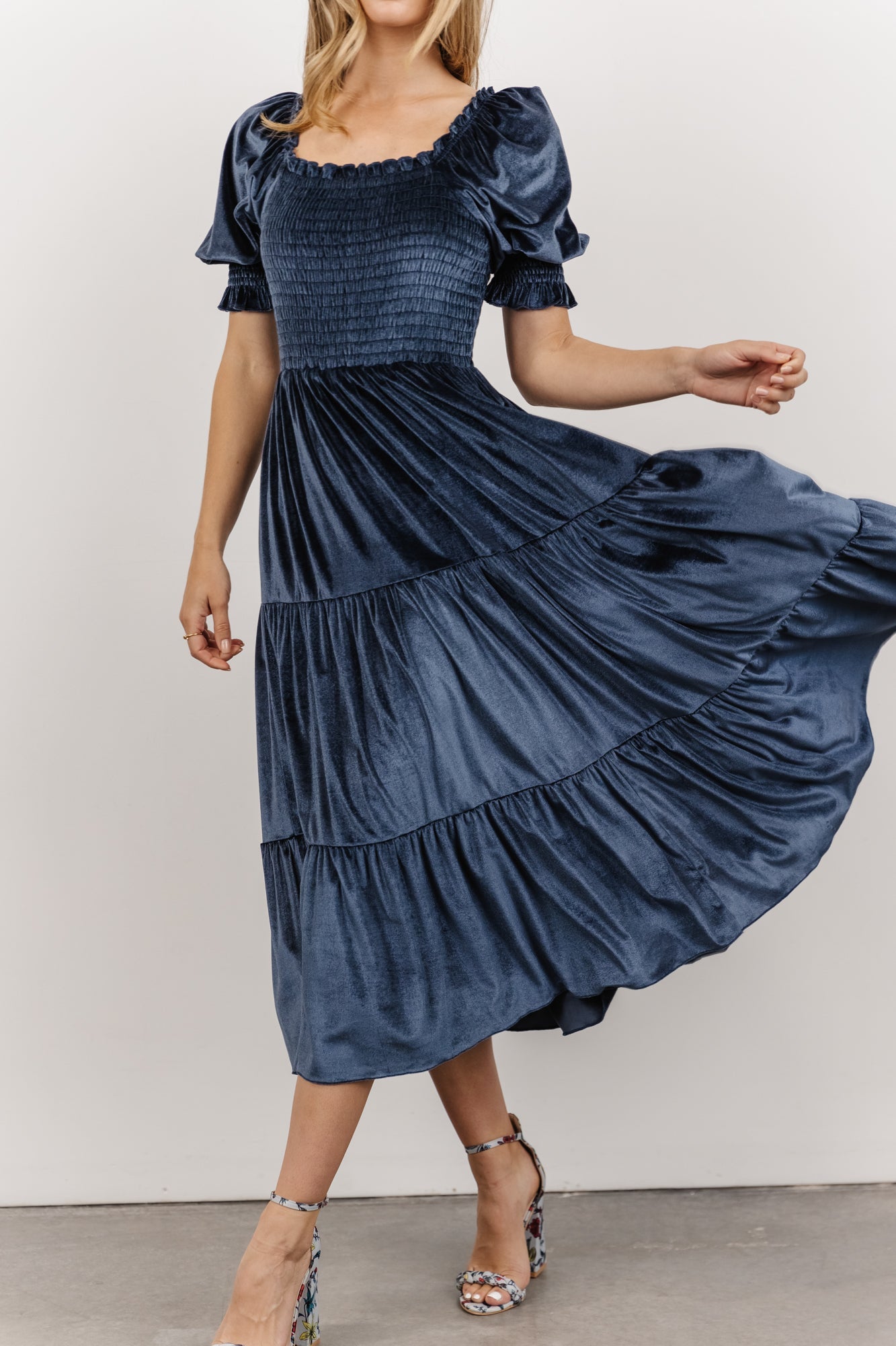 Davi & Dani Contrast Velvet Tape Smocking Bodice Midi Dress